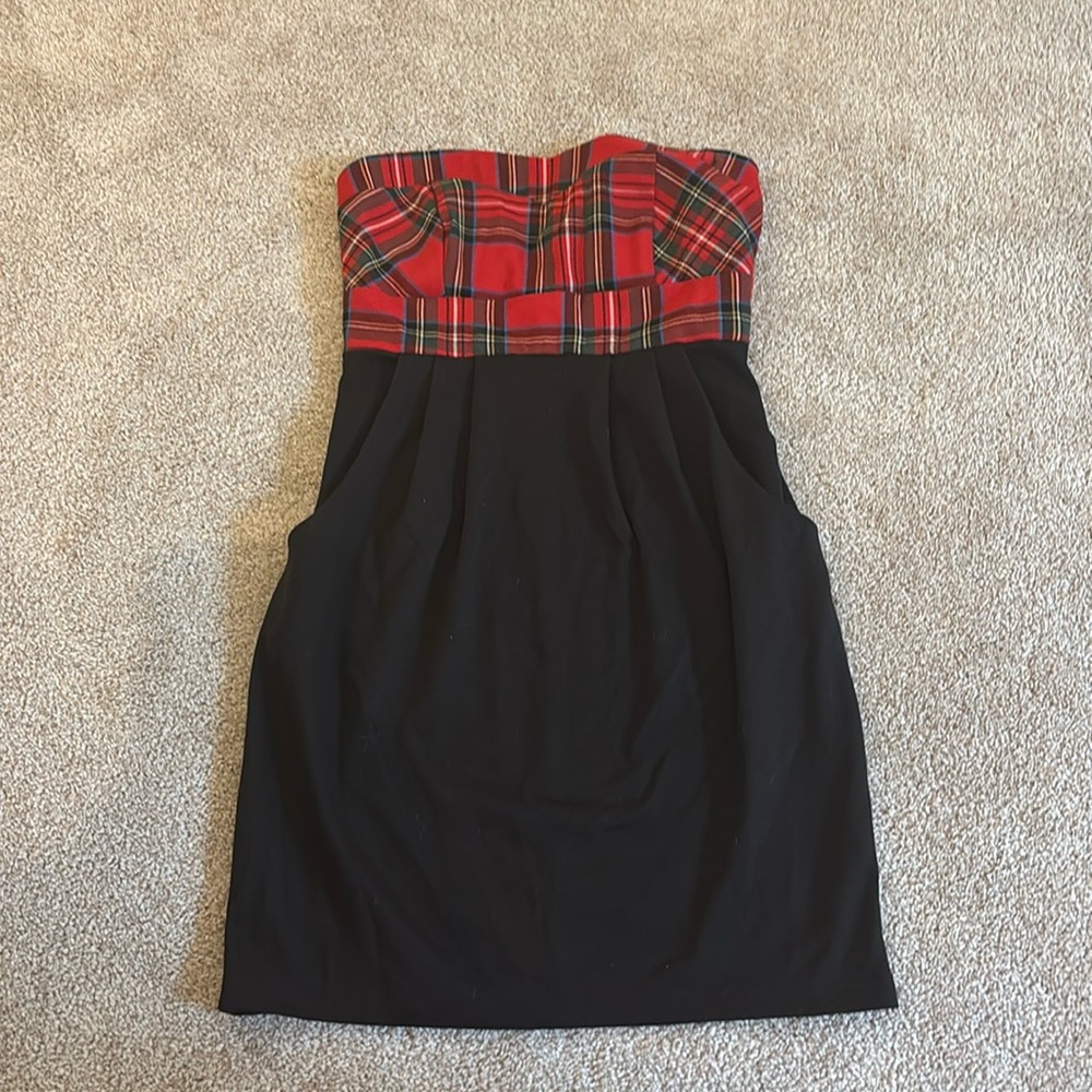 Red plaid and Black Strapless Dress Size Small
